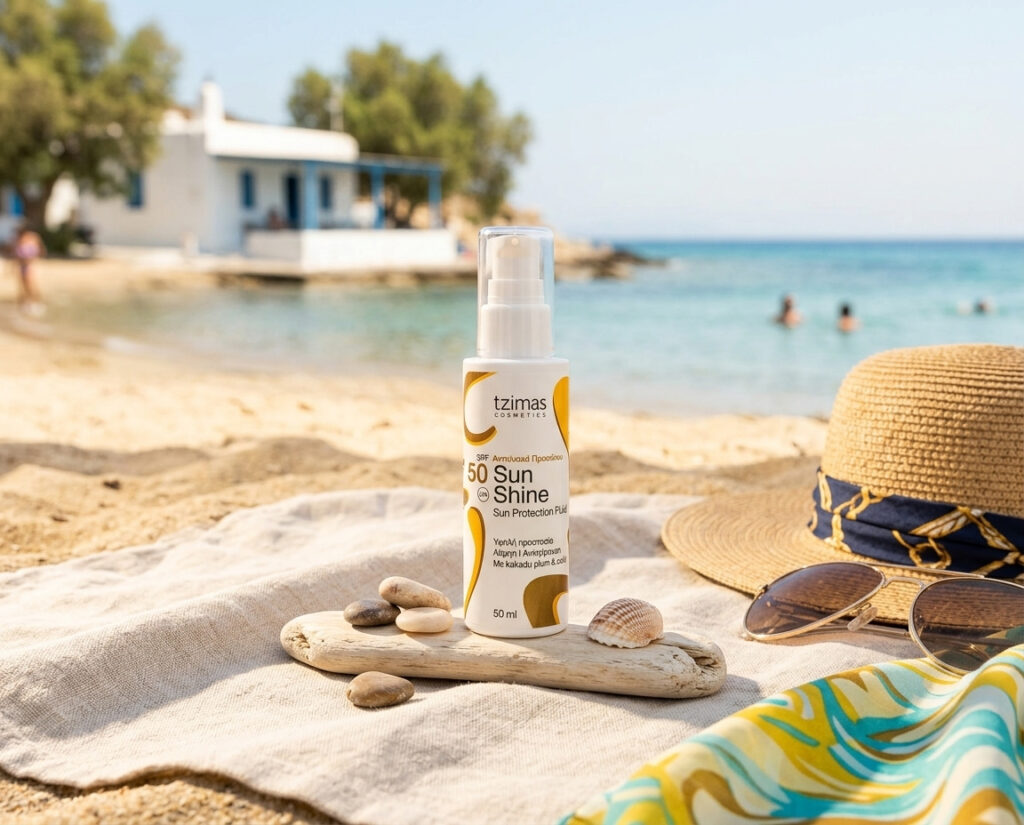 Φωτογραφία του αντηλιακού TZIMAS Cosmetics Sun Shine SPF 50 σε καλοκαιρινό σκηνικό στην παραλία.